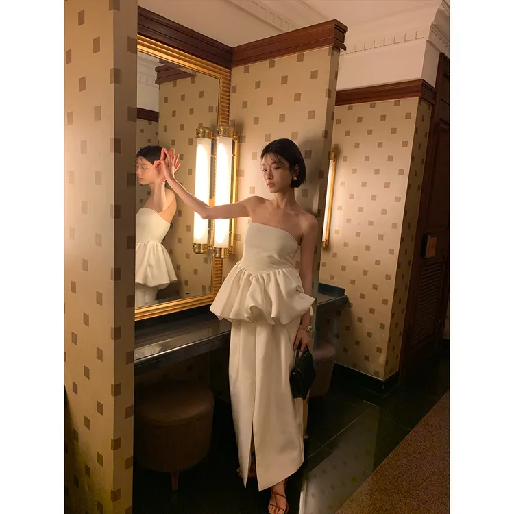 纯色抹胸型无袖抹胸款高腰礼服修身抹胸夏季连衣裙