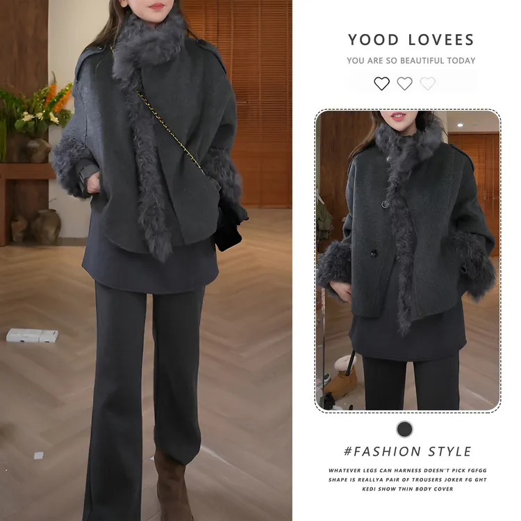 高级感时尚套装女冬季新款洋气立领毛毛拼接外套屁帘裤加厚两件套