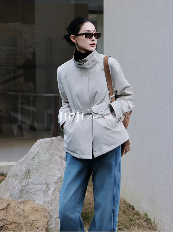 【JIEJI ZHANG】90纯白鹅绒时尚百搭腰带包羽绒服351032