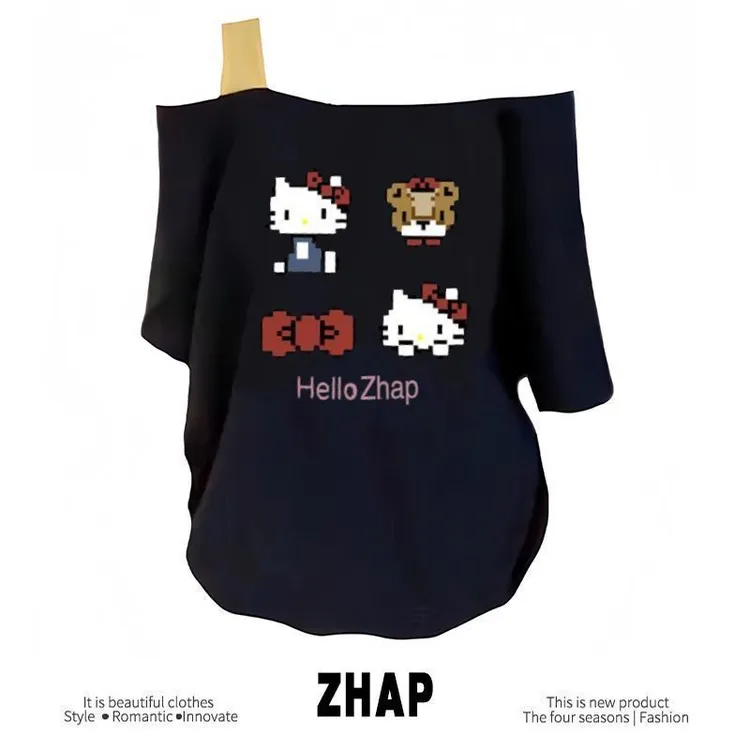 【ZHAP】新款单肩露肩吊带宽松ins短袖t恤女藏青色宽松印花百搭上衣