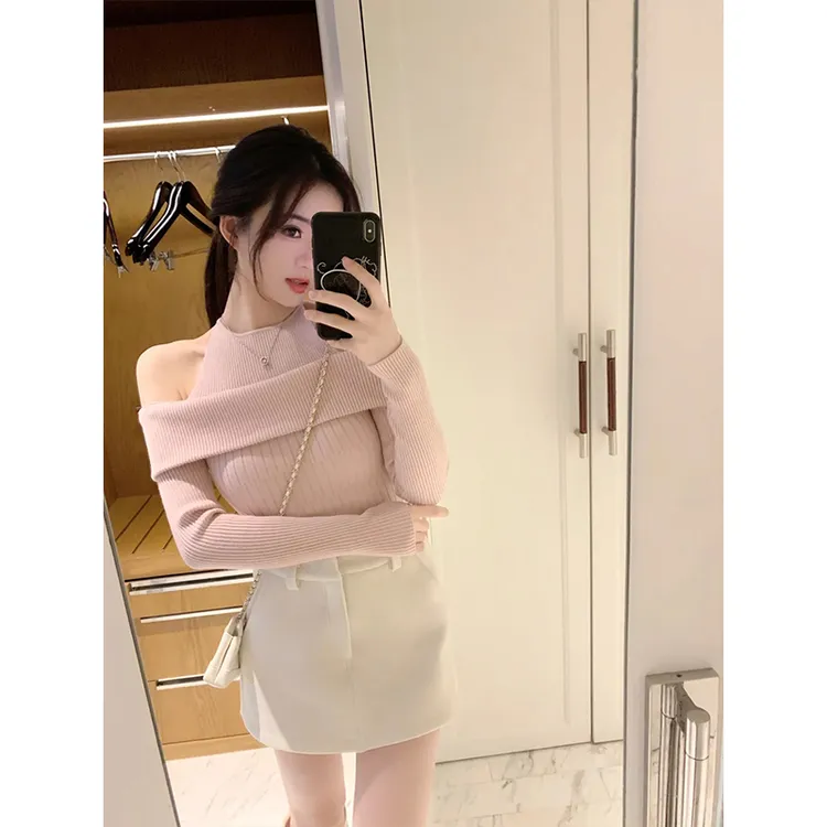 轻熟风纯欲辣妹性感露肩通勤舒适针织衫上衣高腰直筒包臀半身裙女