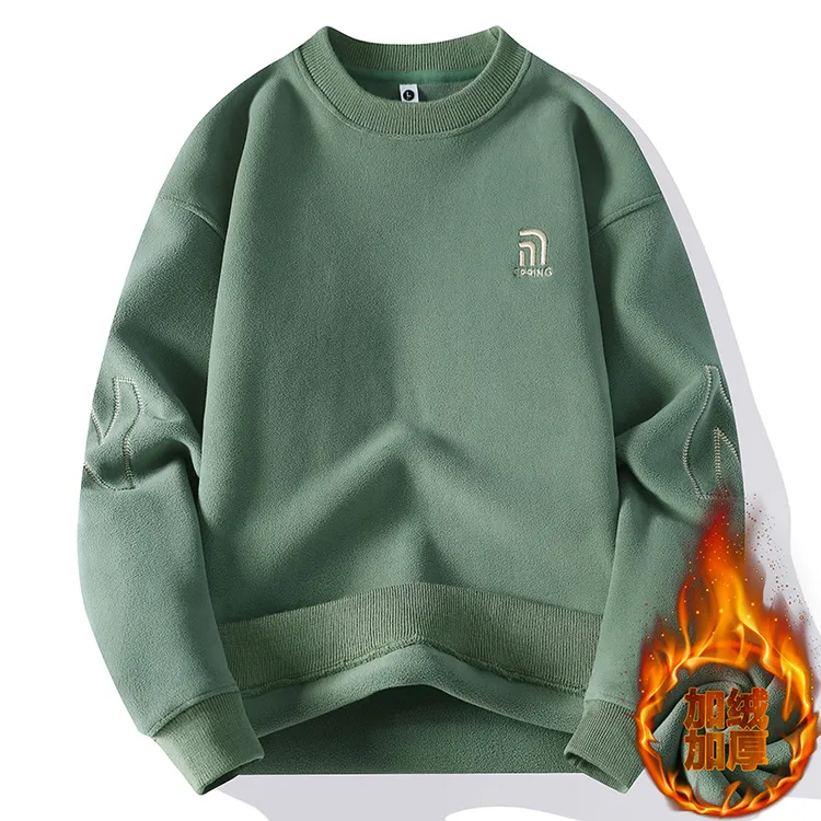 男士冬季圆领保暖加绒加厚打底奥利绒刺绣柔软卫衣
