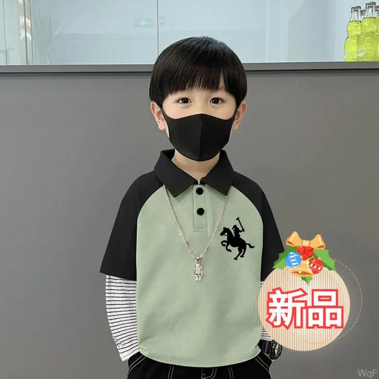 纯棉潮拼接时尚卡通假两件男童POLO衫印花长袖T恤时尚打底衫春秋T