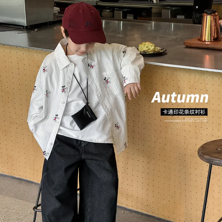 棉小班童装秋季新款时尚米奇满印条纹翻领儿童衬衫AQ5027