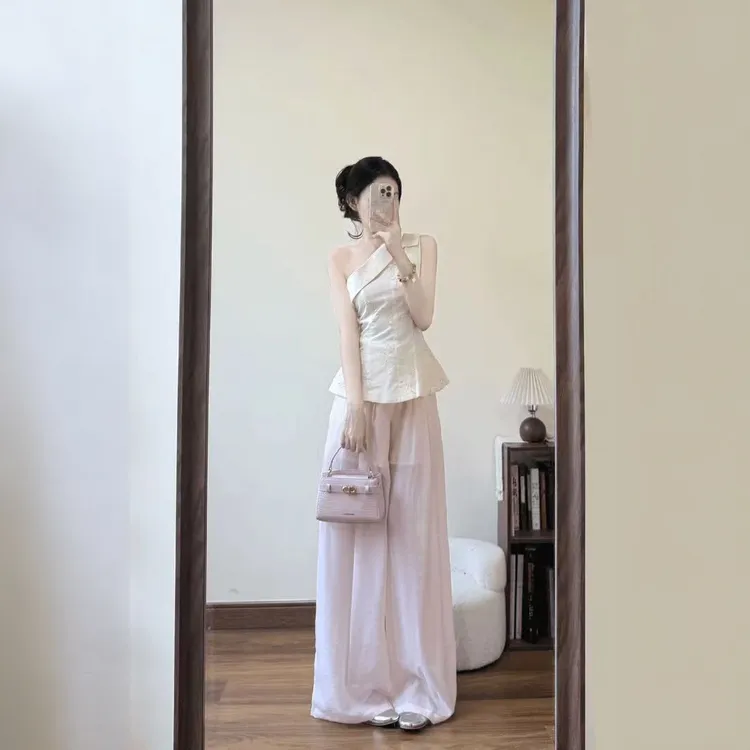 2025夏季新款法式高级感刺绣提花斜肩上衣搭配阔腿裤气质两件套女