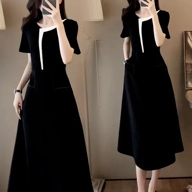 法式高级感连衣裙女2025夏季新款气质减龄中长裙收腰显瘦圆领裙子