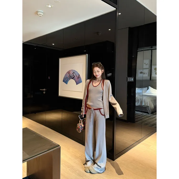 设计感慵懒撞色针织外套吊带背心女秋季穿搭套装休闲阔腿裤三件套