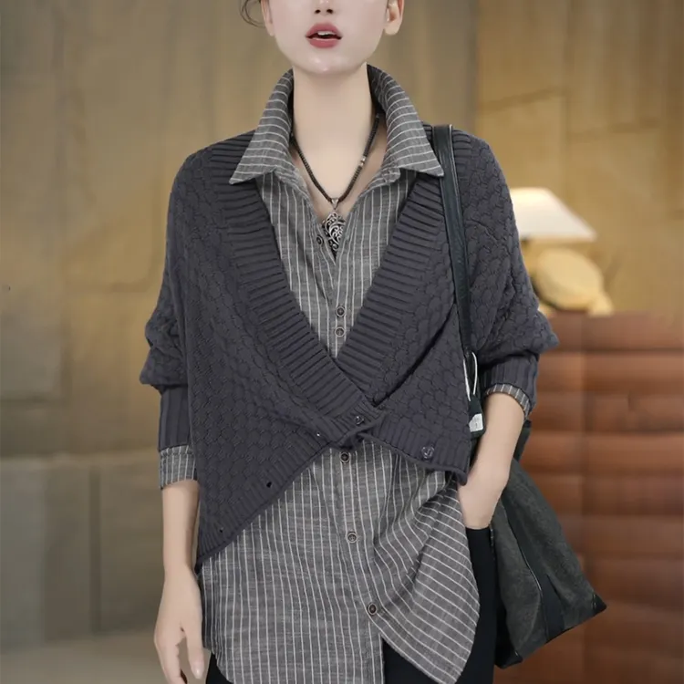 早秋新款女灰色毛衣外套时尚高级感宽松显瘦减龄洋气针织衫上衣