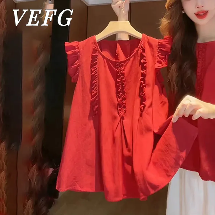 VEFG法式红色木耳边小飞袖衬衫女夏独特超好看单穿小衫港风娃娃衫