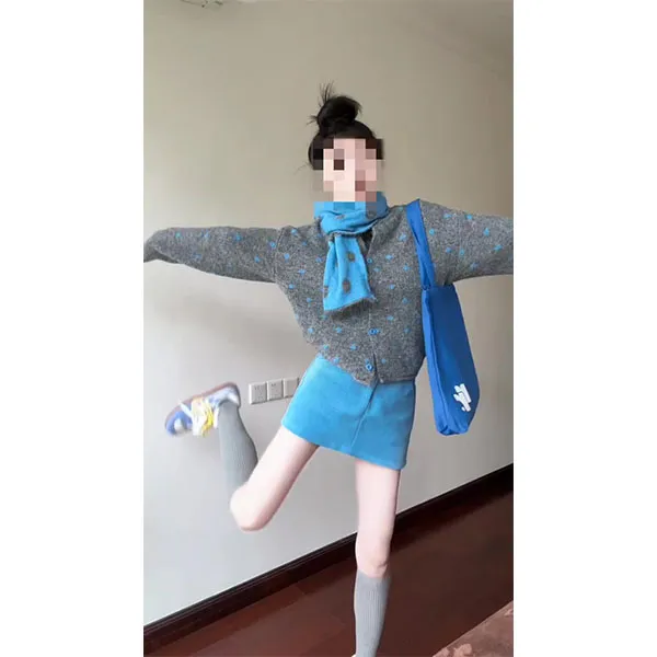 韩系波点针织开衫女秋冬季新款软糯宽松休闲风高级感外套裙子套装