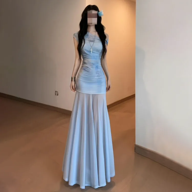 辣妹修身鱼尾裙2025新款夏日绝美巨好看蓝色收腰度假包臀连衣裙子