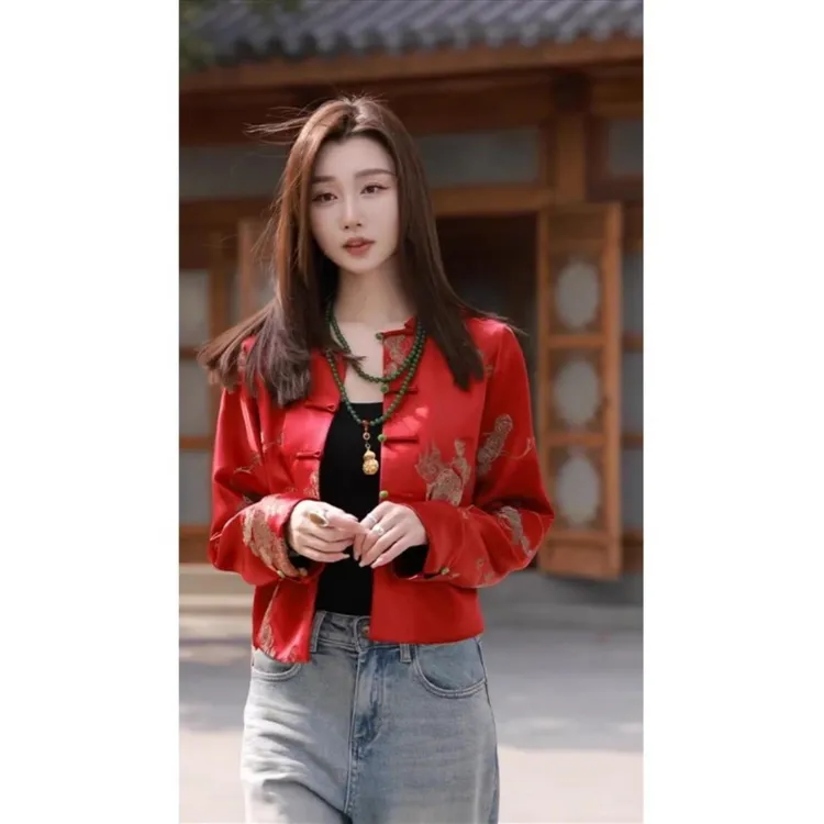 新中式国风红色唐装宋锦外套女早春季2025新款高级感盘扣短款上衣
