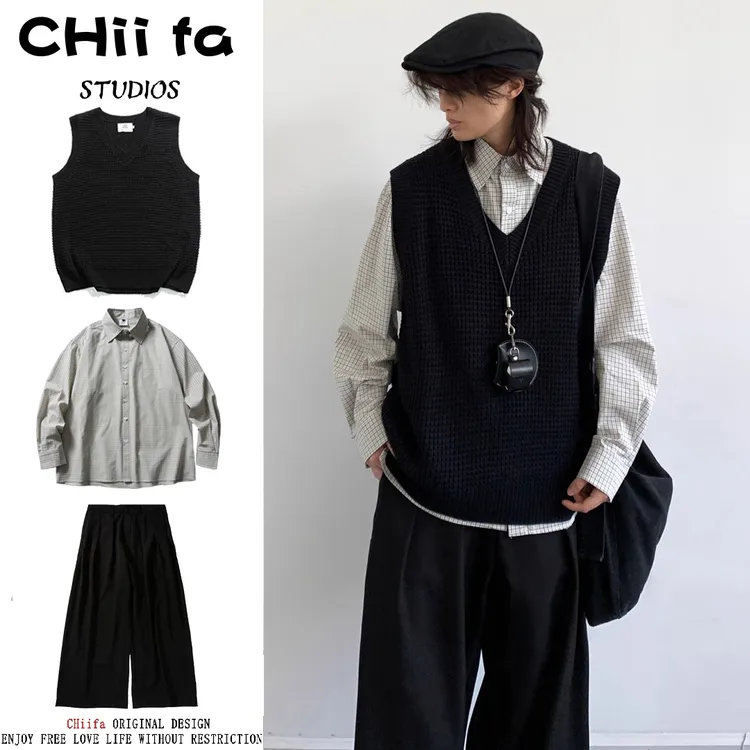 CHiifa 三件装/单件日系复古针织背心马甲男女学院风无袖坎肩上衣