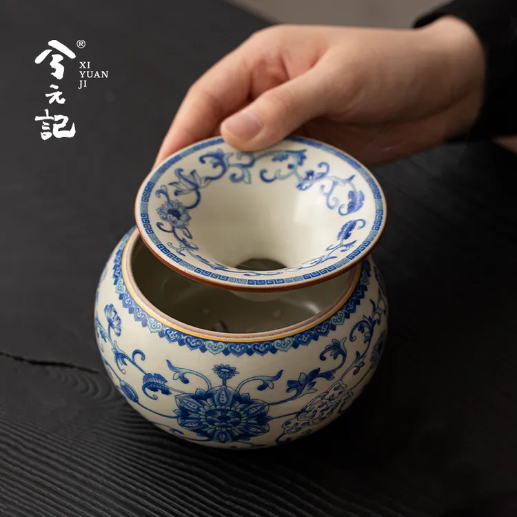 兮元记当代青花汝窑陶瓷烟灰缸防飞灰异味建水家用办公室个性摆件