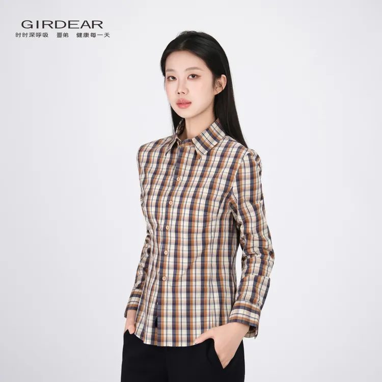 GIRDEAR/哥弟新款复古摩登百搭修身显瘦气质翻领格纹衬衫女130146