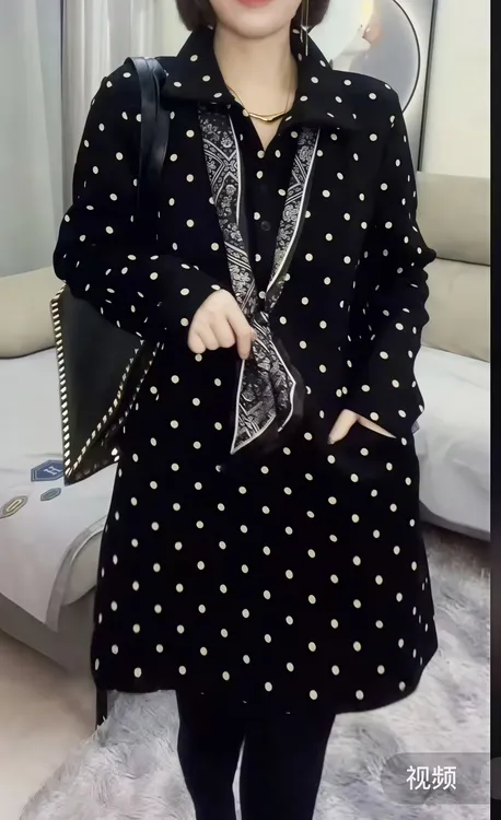 女士秋冬长袖波点印花半高领宽松型时尚休闲长款T恤打底衫