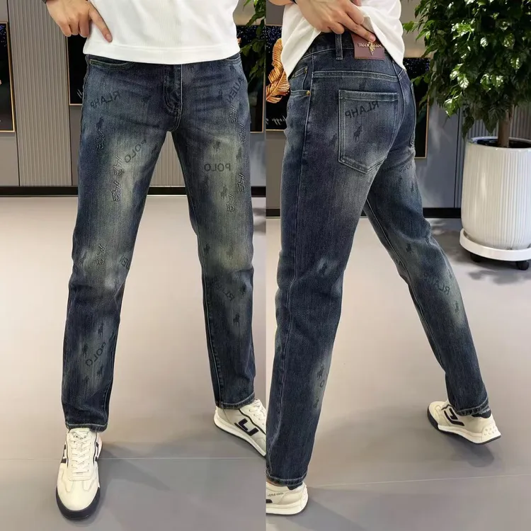 男裤秋季新款时尚宽松百搭提花牛仔裤男修身弹力直筒裤男潮流男裤