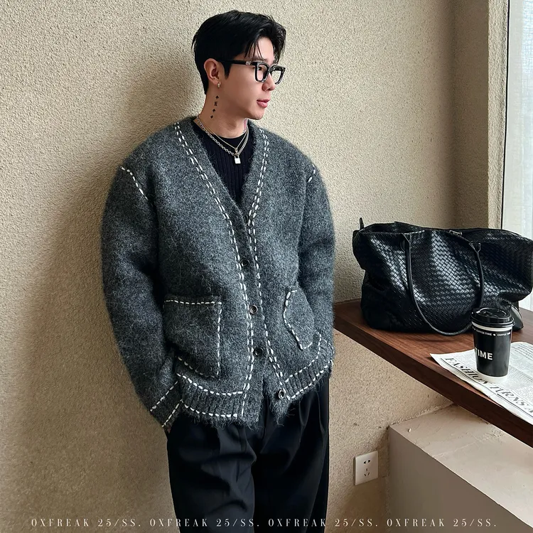 OXFREAK「手工编织明线」老钱羊毛混纺开衫毛衣男冬季保暖针织衫