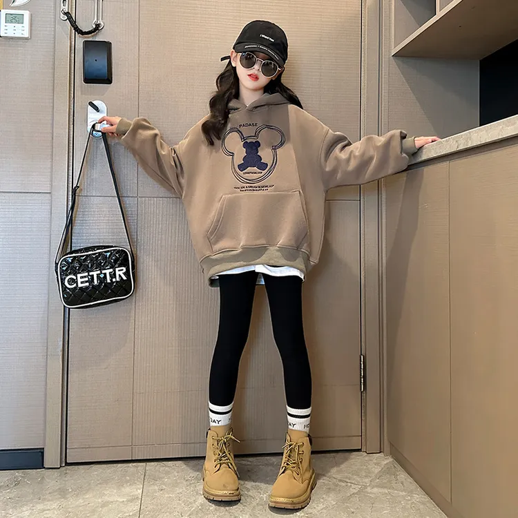 韩版女大童一体绒卫衣连帽2025新款秋冬女童加绒加厚卫衣儿童上衣