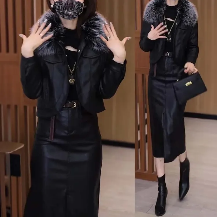 拉夏贝尔加绒加厚套装女2025秋冬季新款短款外套半身裙两件套