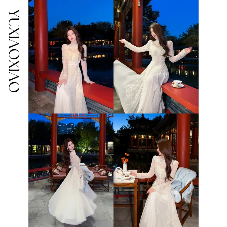 余潇潇【天使月光】法式浪漫蕾丝拼接薄纱花边立领仙气连衣裙&上衣