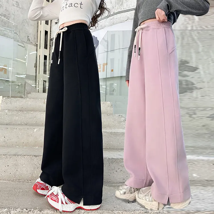 女童裤子加绒秋冬款2025休闲一体绒运动裤大童女孩春秋直筒阔腿裤
