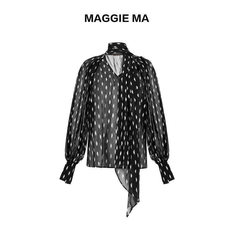 MAGGIE MA马婧设计师款法式复古波点衬衫V领灯笼袖036S