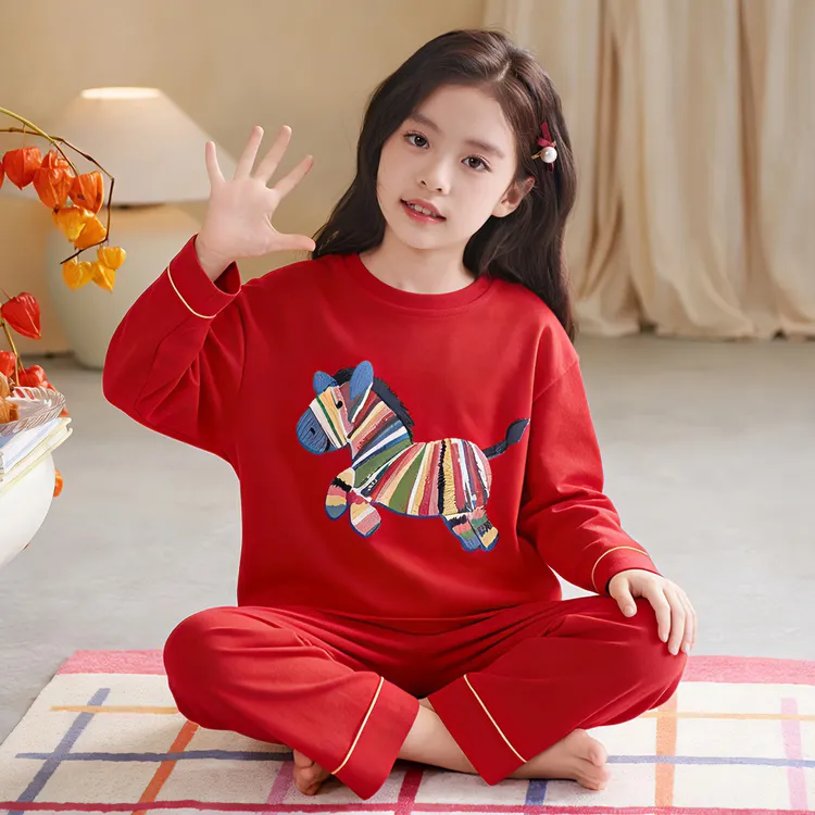 新年春秋款纯棉红色女童睡衣本命年女孩公主风洋气长袖家居服套装