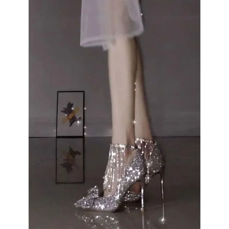 水钻高跟鞋婚鞋2025新款尖头气质女鞋流苏细跟绝美单鞋