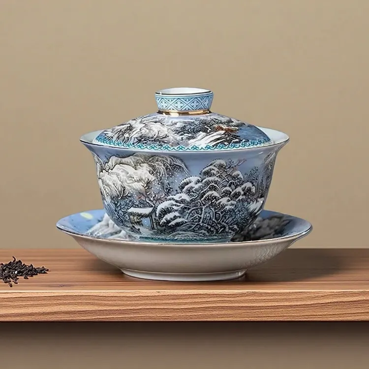 景德镇三才悬停盖碗泡茶高档个人专用中式雪景陶瓷喝茶茶具茶杯