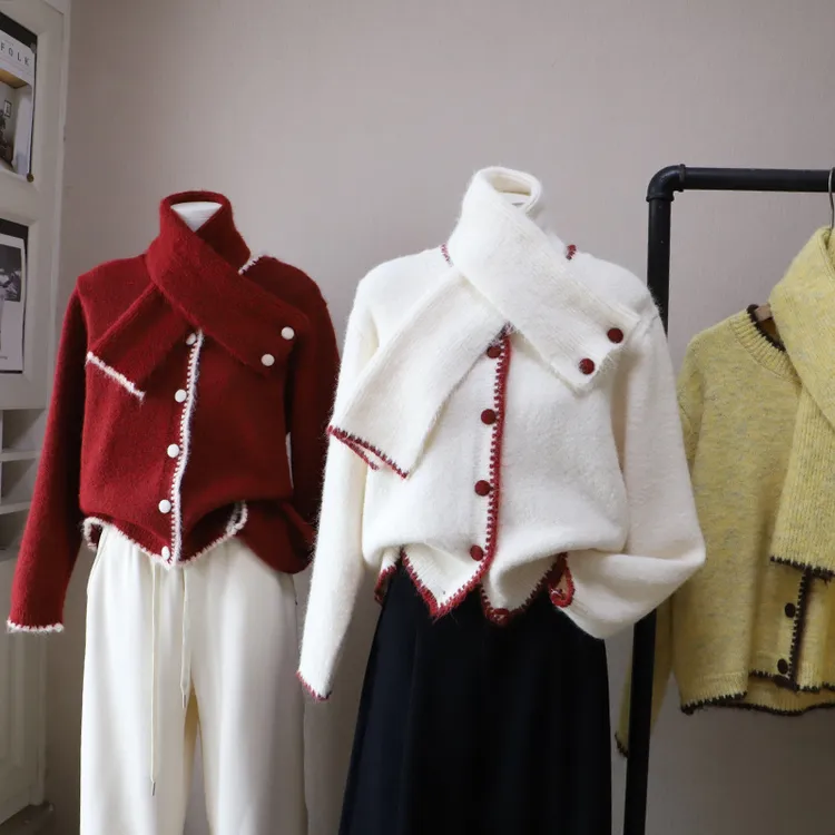 [比正]2025冬季新款韩版时尚撞色减龄保暖百搭开衫毛衣洋气外套女