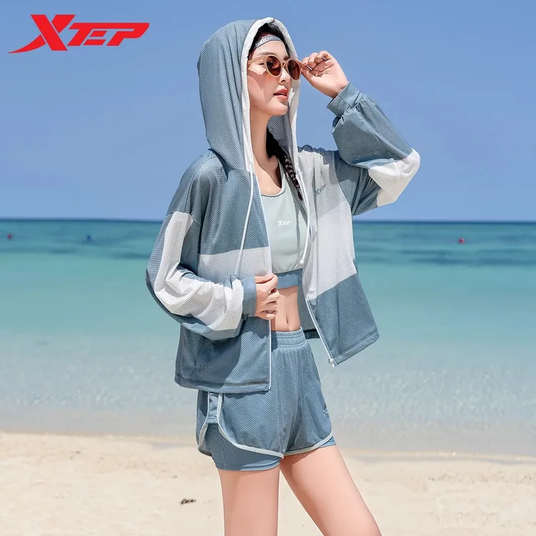 特步保守泳衣女款2025年新款显瘦遮肚分体女孩长袖罩衫度假海边装