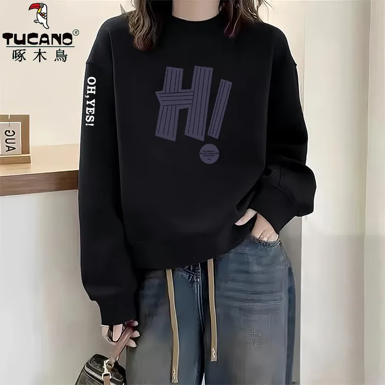 啄木鸟纯棉圆领卫衣女士加绒春秋季休闲百搭韩版无帽印花ins上衣
