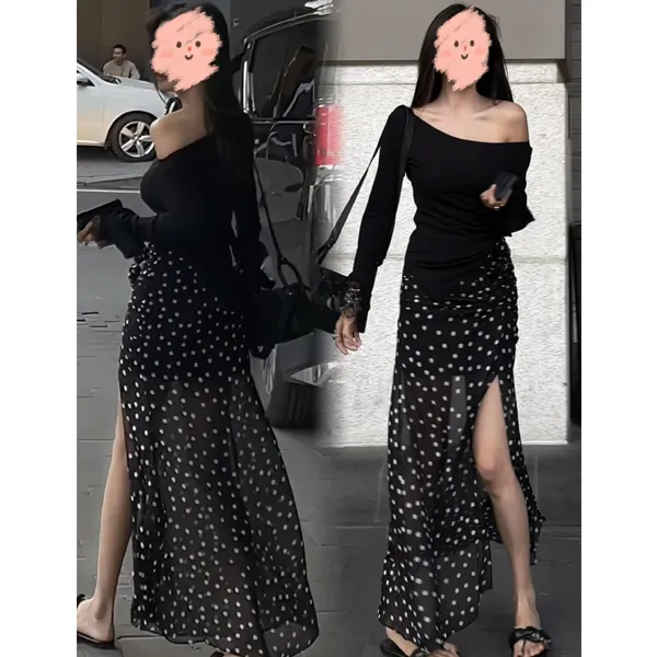 2025新款休闲套装女春气质斜肩长袖T恤高腰波点显瘦半身裙两件套