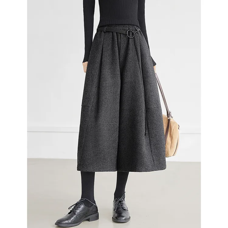 【八分裙裤】压褶毛呢阔腿裤女2025秋冬新款松紧腰直筒显瘦休闲裤