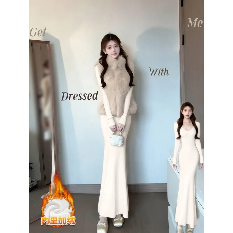 白色步步生莲鱼尾连衣裙长款女秋冬季内搭针织包臀裙加绒加厚裙子