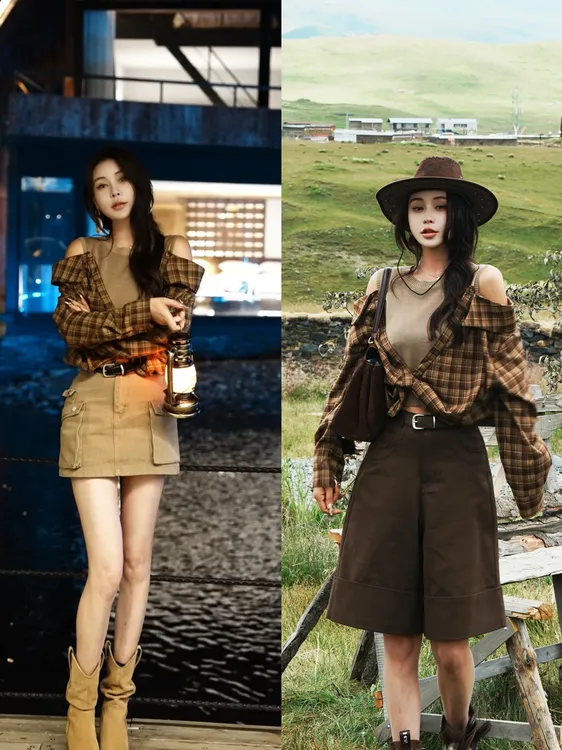 SY16【依美丁】设计感拼格子袖露肩针织上衣