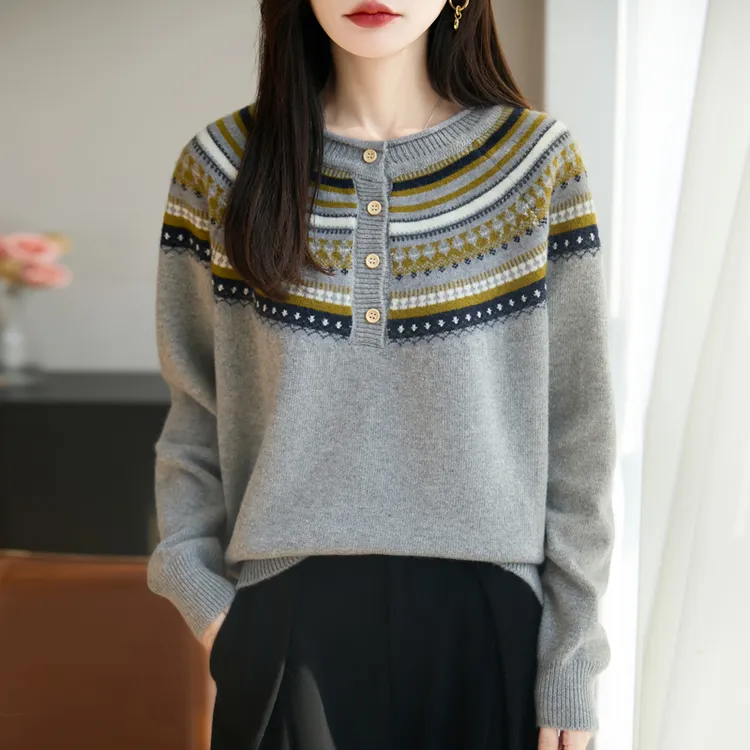 品牌民族感费尔岛毛衣女秋冬款复古氛围减龄半开领套头羊毛针织衫