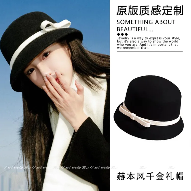 赫本风蝴蝶结渔夫帽子法式复古礼帽秋冬季新款帽子女留洋千金盆帽