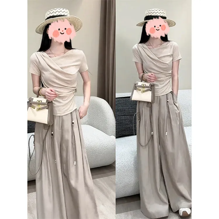 网红洋气炸街不规则上衣阔腿裤套装女夏季财阀千金纯欲搭配一整套