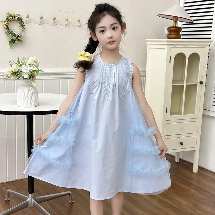 女童夏季公主风连衣裙2025新款纯色连衣裙女童公主裙无袖童装韩版