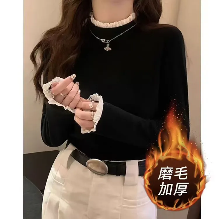 磨毛加绒女蕾丝内搭花边木耳边半高领长袖打底衫