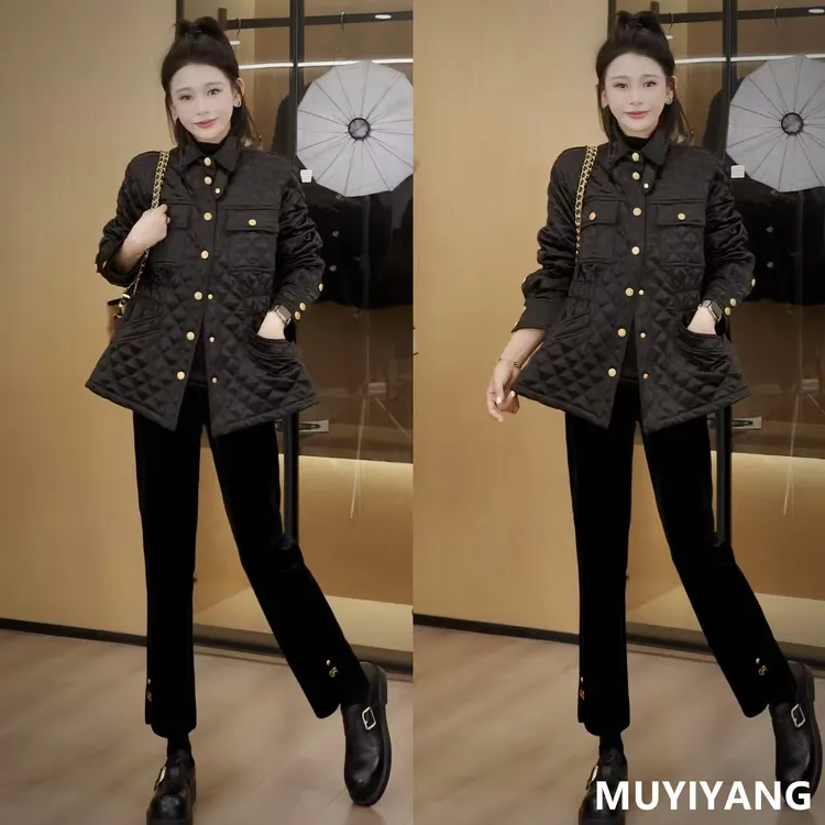 【微光】独特设计感金扣菱格高定版棉衣外套 衣长67 25-472#