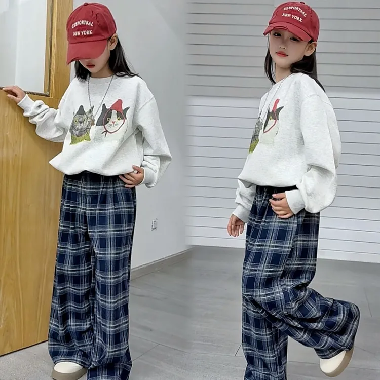 女童套装儿童春秋洋气时尚休闲百搭阔腿格子裤宽松儿童圆领卫衣潮