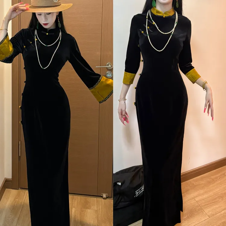 LHMknk1画报夫人原创自制秋冬中式贵气丝绒旗袍连衣裙 蓬莱金