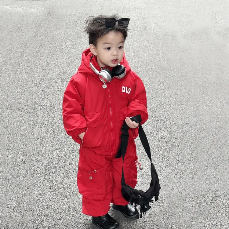 男童冬装加绒加厚棉衣套装2025冬季新款儿童韩版工装风保暖两件套