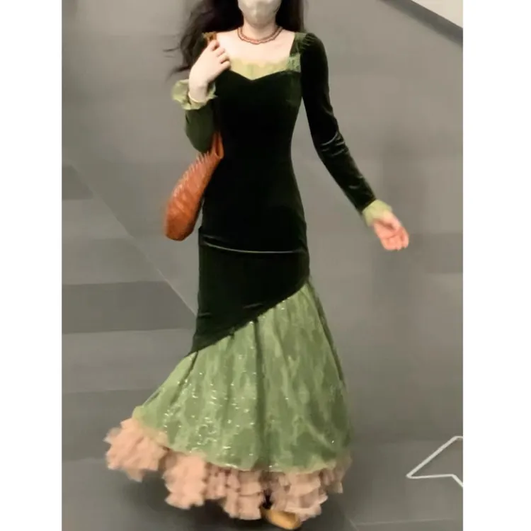 她来了复古馆【赎罪绿】法式复古方领丝绒显瘦鱼尾年会聚会连衣裙