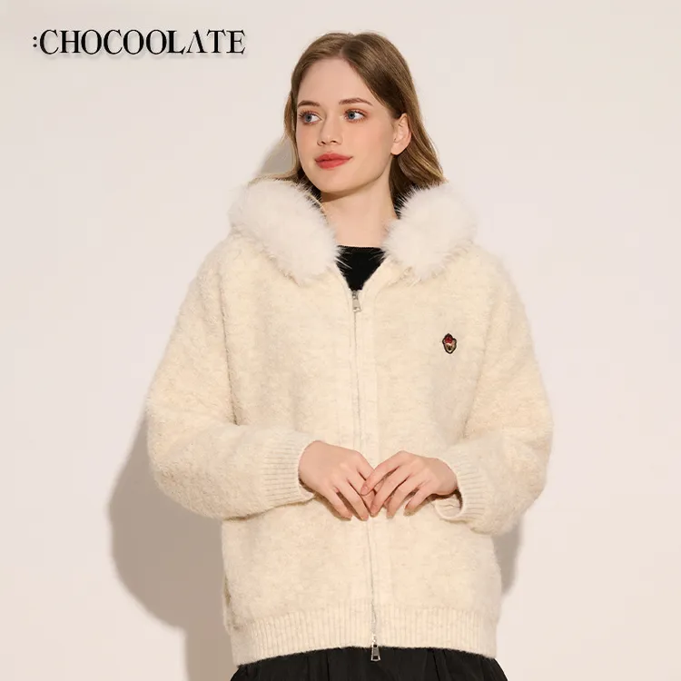 it: CHOCOOLATE立体北极熊刺绣连帽毛领针织拉链外套6163-1330350