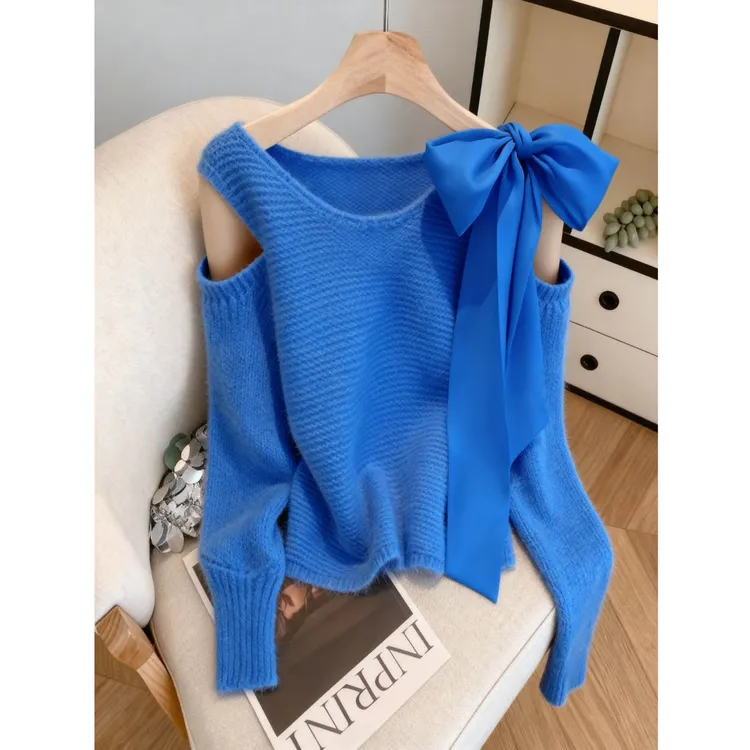 法式系带蝴蝶结温柔风毛针织衫女2025秋冬季新款甜美减龄露肩毛衣