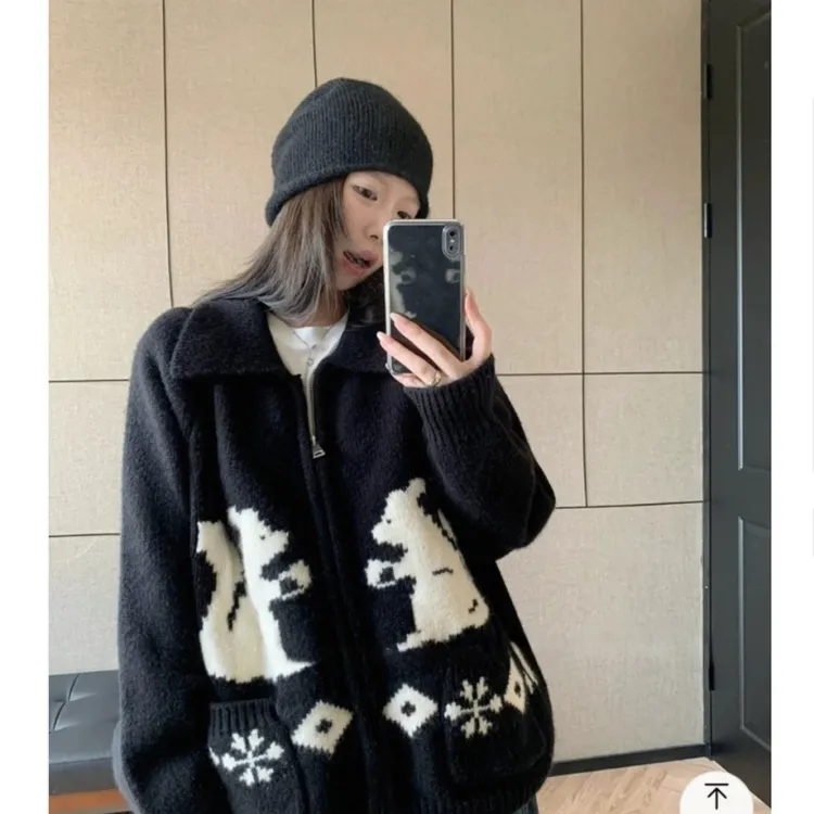 韩系小松鼠提花毛衣外套女秋冬季宽松慵懒高级感ins韩风针织开衫